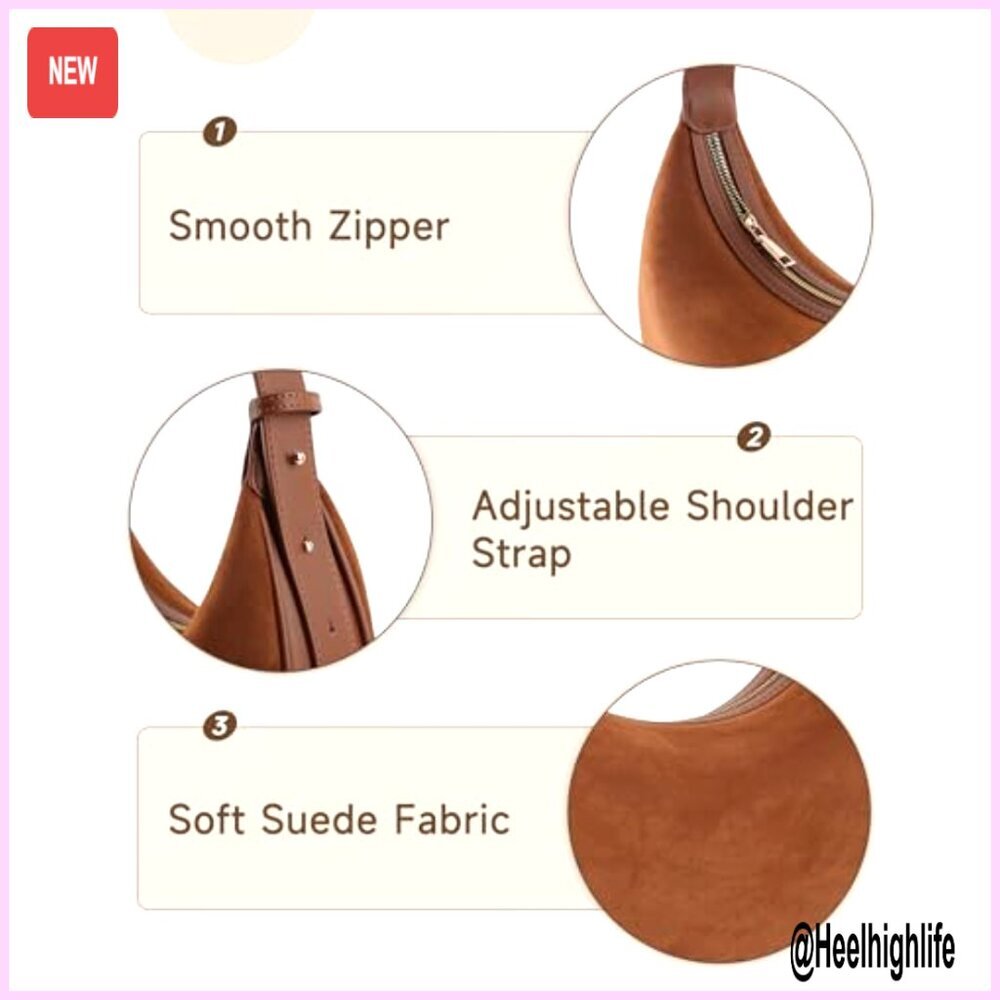 Faux Suede Hobo Bag Crossbody Shoulder Tote Vintage Retro Chic Adjustable Strap - Picture 6 of 7